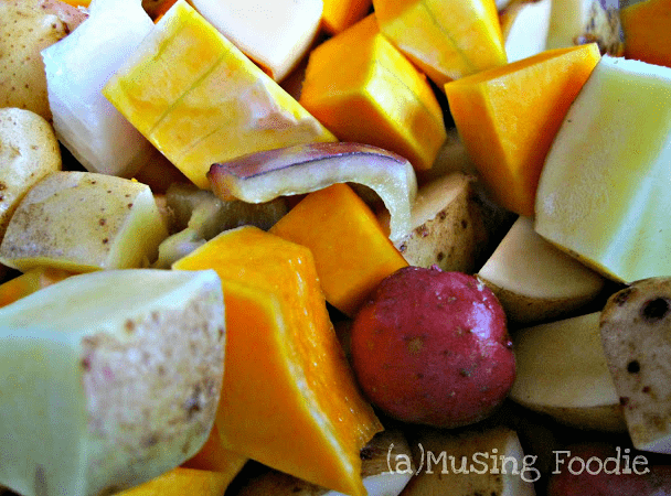 Roast potatoes, butternut squash, peppers and onions are a great, tasty and simple side dish!