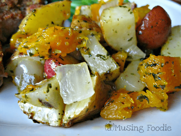 Roast potatoes, butternut squash, peppers and onions are a great, tasty and simple side dish!