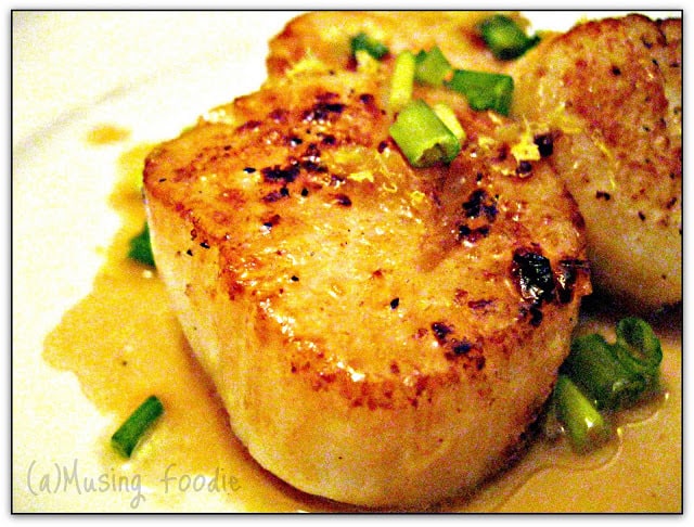 Pan Seared Scallops With Lemon Butter Sauce Close up of pan seared scallops on a plate.