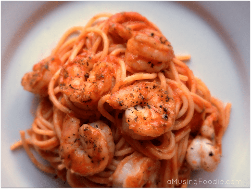 Seared Shrimp over Spaghetti Marinara | https://amusingfoodie.com Seared Shrimp over Spaghetti Marinara