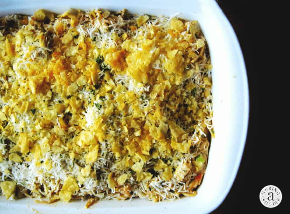 There’s nothing like the bite of a crunchy, salty topping against the cheesy goodness of creamy chicken spaghetti casserole.
