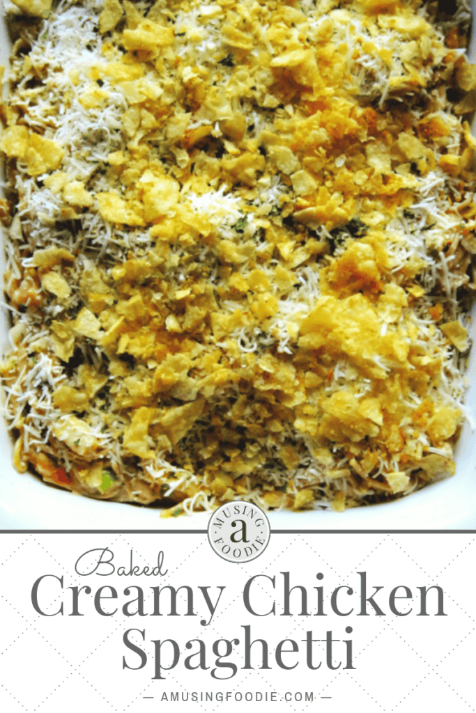There’s nothing like the bite of a crunchy, salty topping against the cheesy goodness of creamy chicken spaghetti casserole.