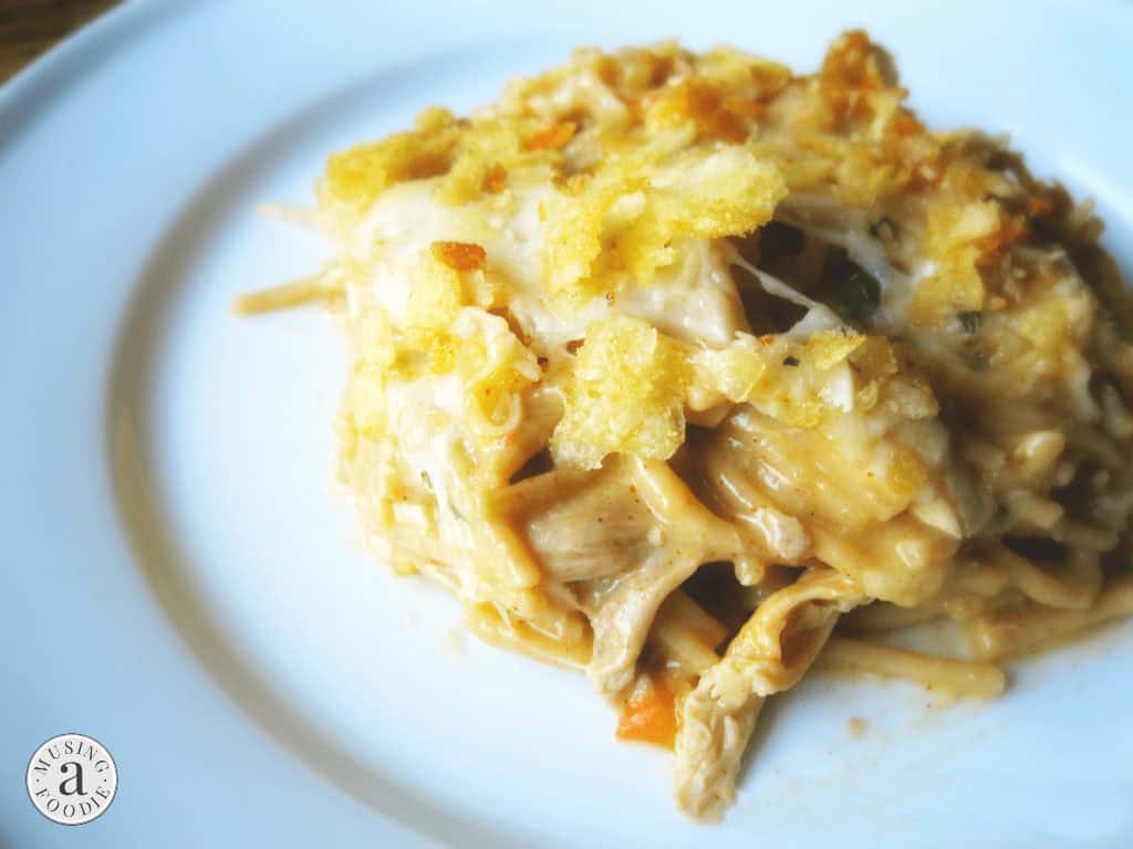 There’s nothing like the bite of a crunchy, salty topping against the cheesy goodness of creamy chicken spaghetti casserole.
