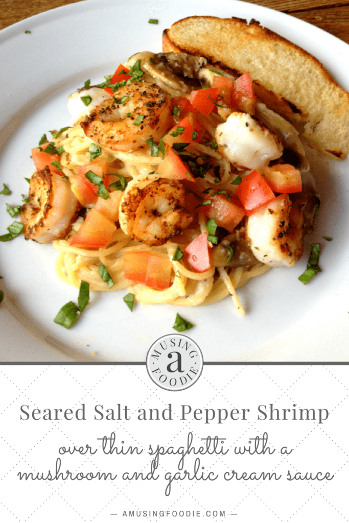 Seared salt and pepper shrimp over thin spaghetti with a mushroom and garlic cream sauce sounds like a fancy dinner, but it's actually super easy!