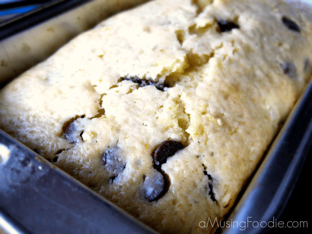 Chocolate Lime Zucchini Bread Up close shot of chocolate lime zucchini bread cooling in the loaf pan.