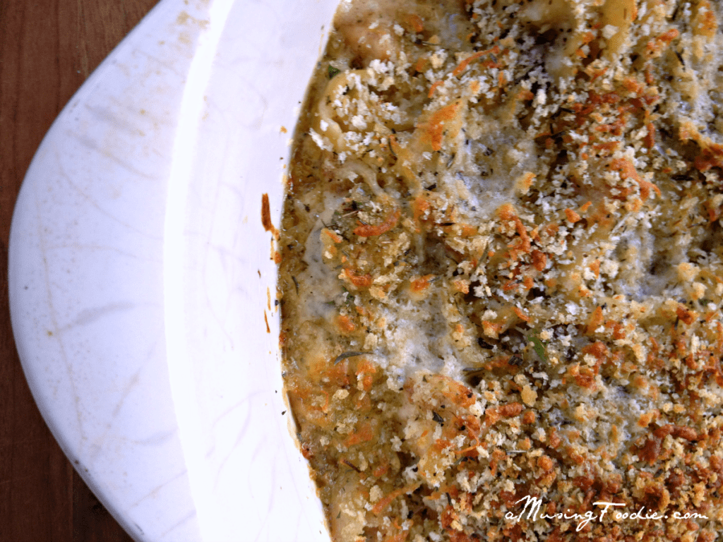 Parmesan and panko breadcrumb topping.
