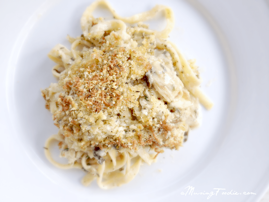 Plated homemade chicken tetrazzini.