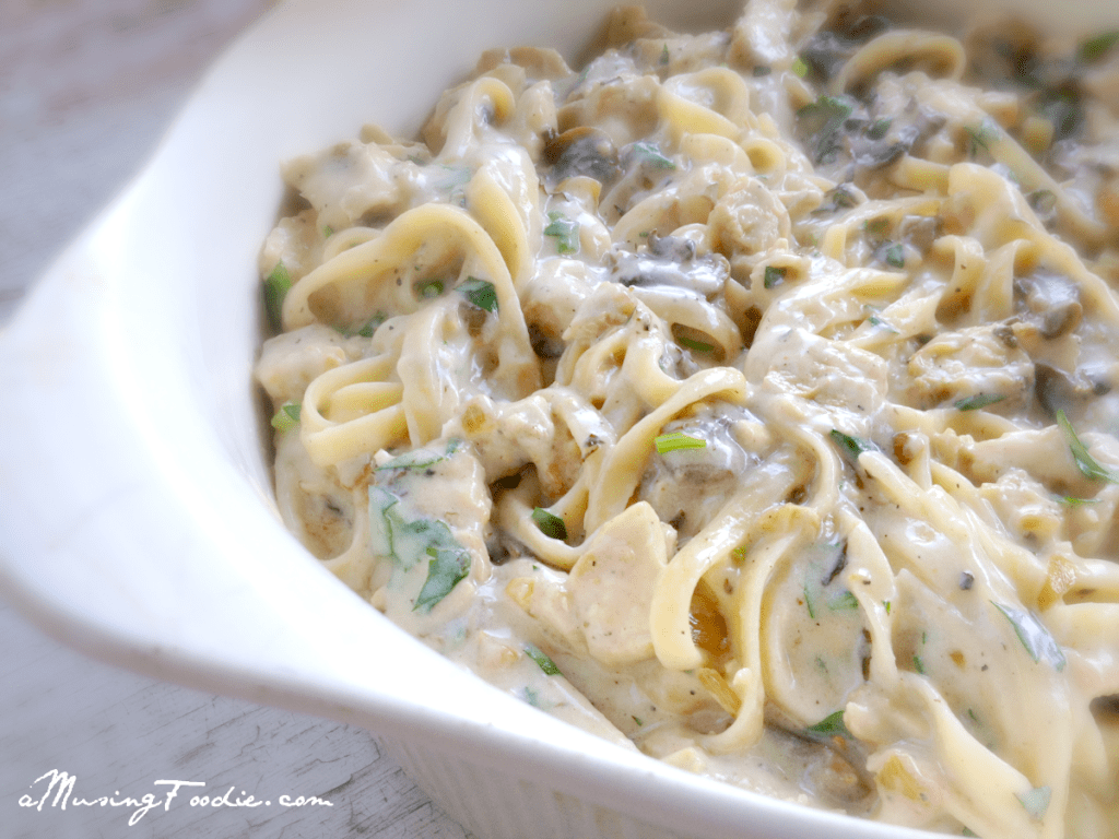 Chicken tetrazzini ready to be topped with panko breadcrumbs.