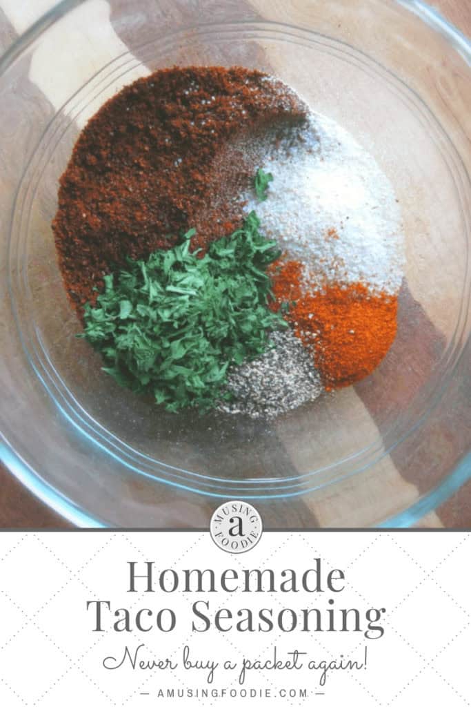 Homemade taco seasoning with salt, chili powder, paprika, dried parsley, garlic powder, onion powder, cumin and black pepper.