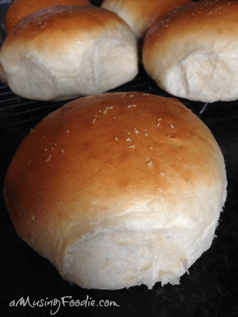 Close up side shot of a freshly baked homemade hamburger bun.