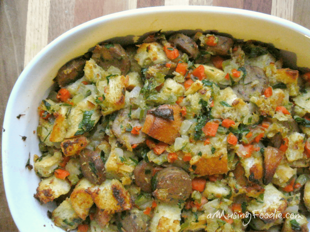 This warm and comforting vegetarian sausage stuffing will please a crowd!