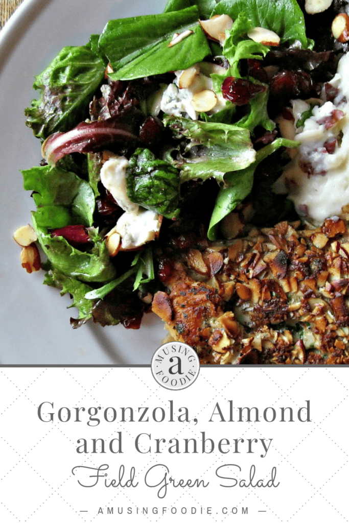This simple field green salad, dressed with a Dijon balsamic and loaded with creamy Gorgonzola, tart cranberries and crunchy sliced almonds, makes for a perfect side salad or main course meal!
