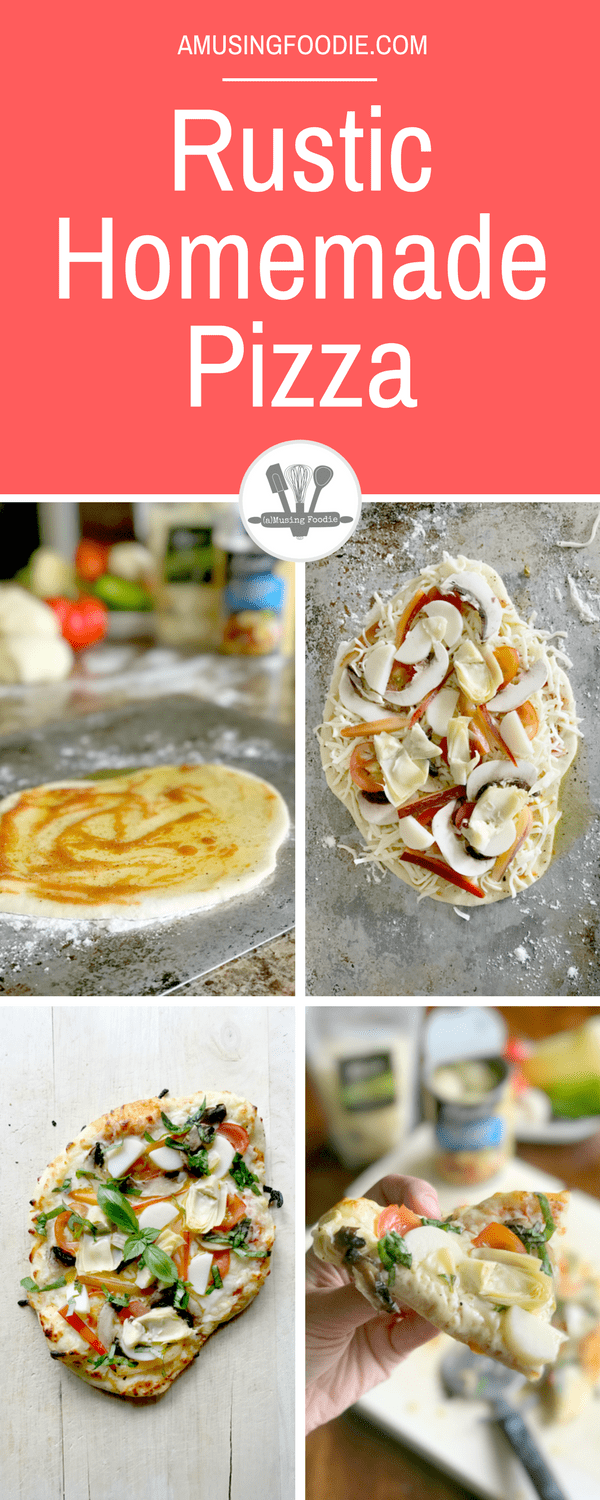 This rustic homemade pizza, loaded with yummy veggies like hearts of palm, sweet peppers, tender small artichoke hearts, fresh tomatoes, is the perfect dinner for summer!