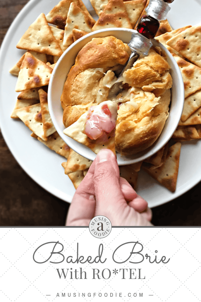 This mouth-watering ooey-gooey baked brie with RO*TEL is a fun and festive appetizer that's perfect for holidays and entertaining!