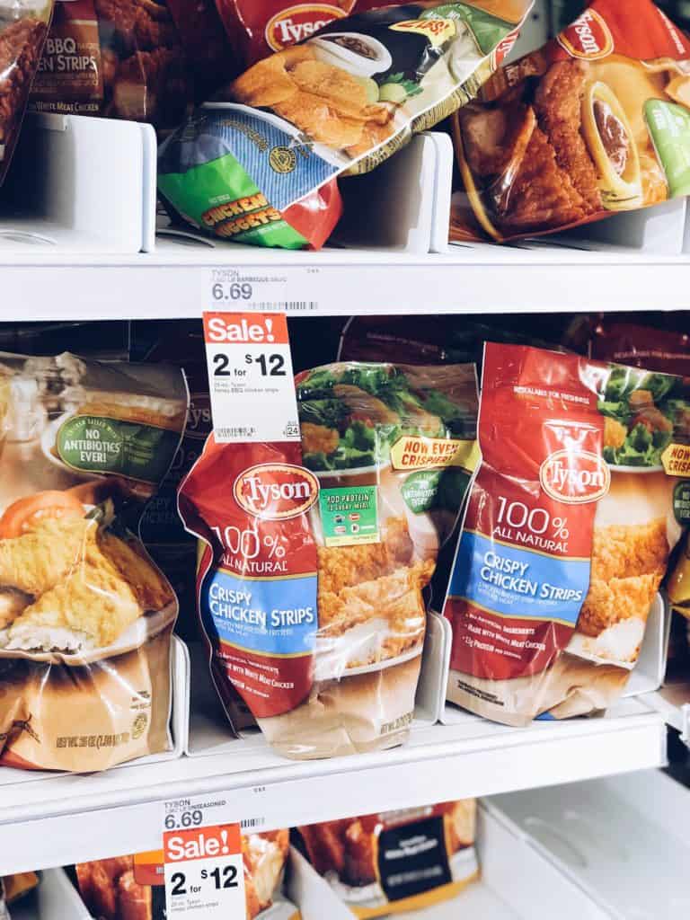 Tyson Crispy Chicken Strips in the frozen foods aisle at Target.