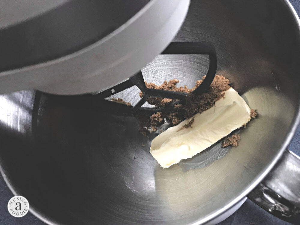 Brown sugar and room temperature butter in a stand mixer.