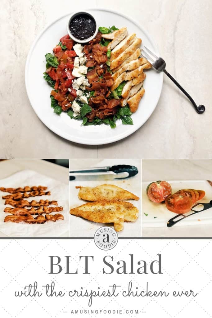BLT salad with heirloom tomatoes, bleu cheese, bacon, romaine lettuce and crispy chicken and balsamic vinaigrette dressing.