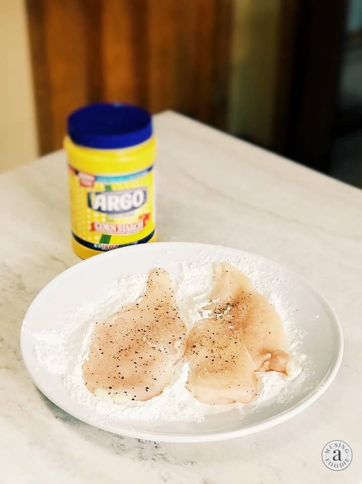 Thinly sliced chicken breasts dredged in flour and corn starch mix.