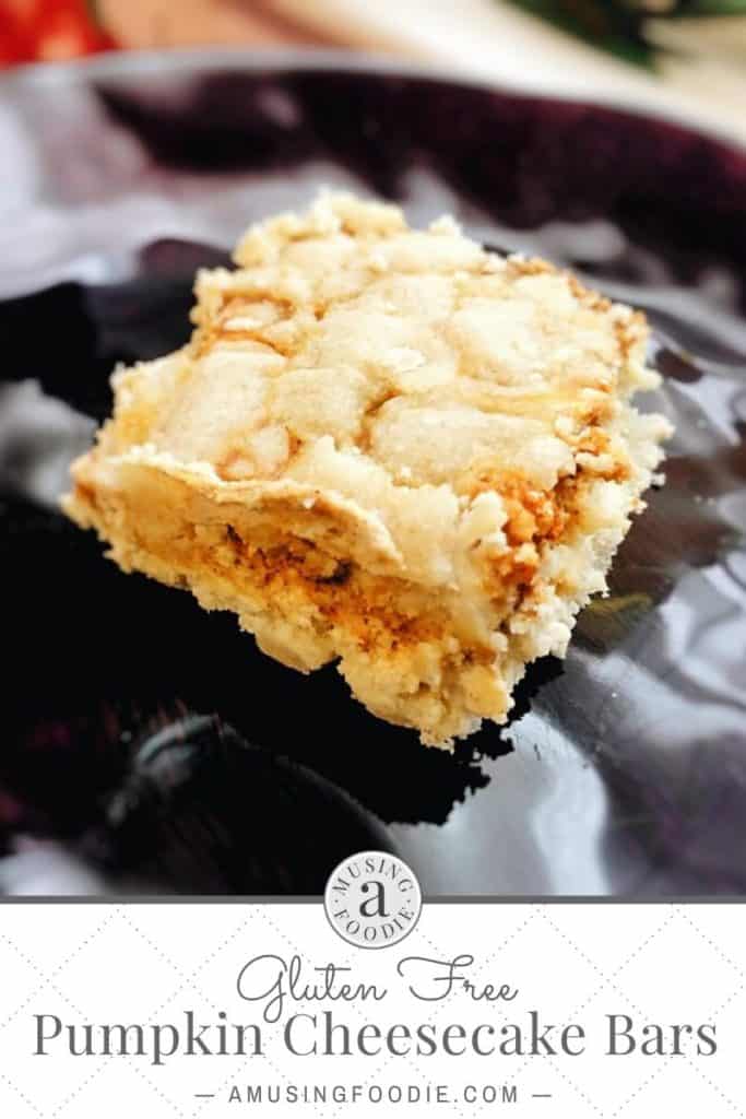 Gluten free pumpkin cheesecake bar on a plate.